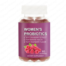 Load image into Gallery viewer, Bottle of women's probiotics with cranberry extract and raspberry flavor on a white background