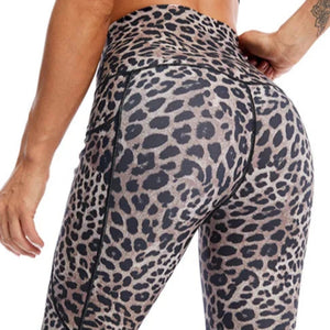 Leopard Printed Yoga Pants Women's Leggings High Waist Long Tights Exercise & Fitness Trousers Brown