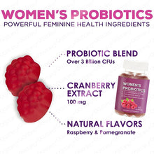 Load image into Gallery viewer, Advertisement for women's probiotics with gummies and a supplement bottle on a white background.
