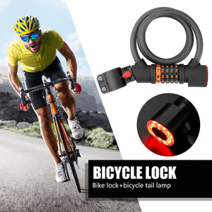 5 Digit Codes Combination Bicycle Lock With Taillight Cycling 1.8 Meter Spiral Cable Lock - Black