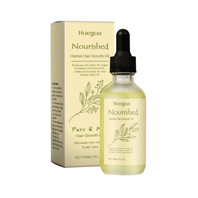 Hoegaoa Nourished Herbal Hair Growth Oil with packaging on a white background