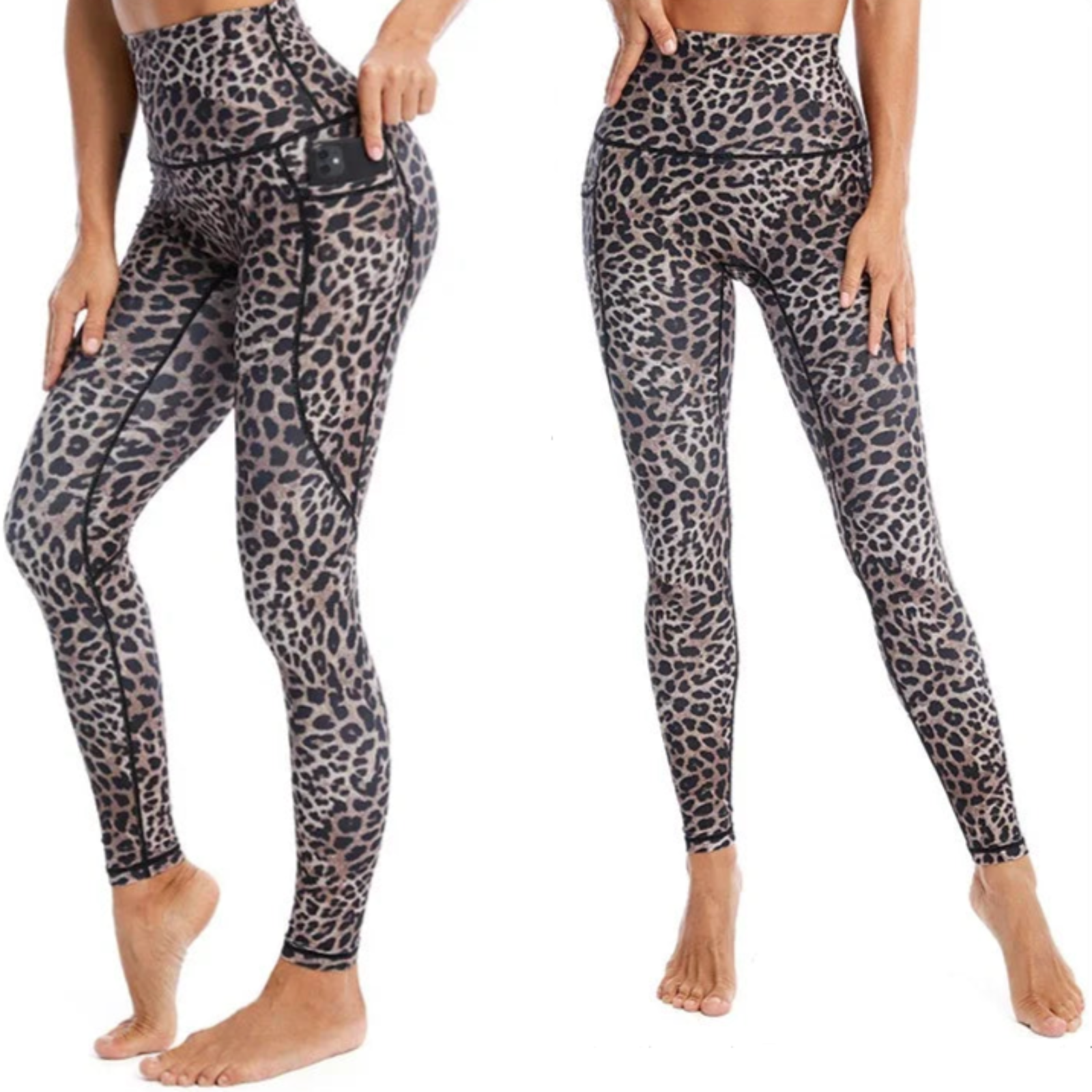 Leopard Print Yoga Pants Women's Leggings High Waist Long Tights Exercise & Fitness Trousers Brown