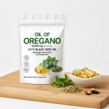 Load image into Gallery viewer, A stand-up pouch labeled 'OIL OF OREGANO' with black seed oil and softgels, styled on a wooden board with fresh oregano, dried herbs, and a small bowl of golden softgels.
