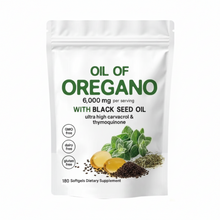 Load image into Gallery viewer, A white stand-up pouch of Oil of Oregano dietary supplement with black seed oil, featuring green text and an illustration of oregano leaves, seeds, and yellow oil droplets on a white background.
